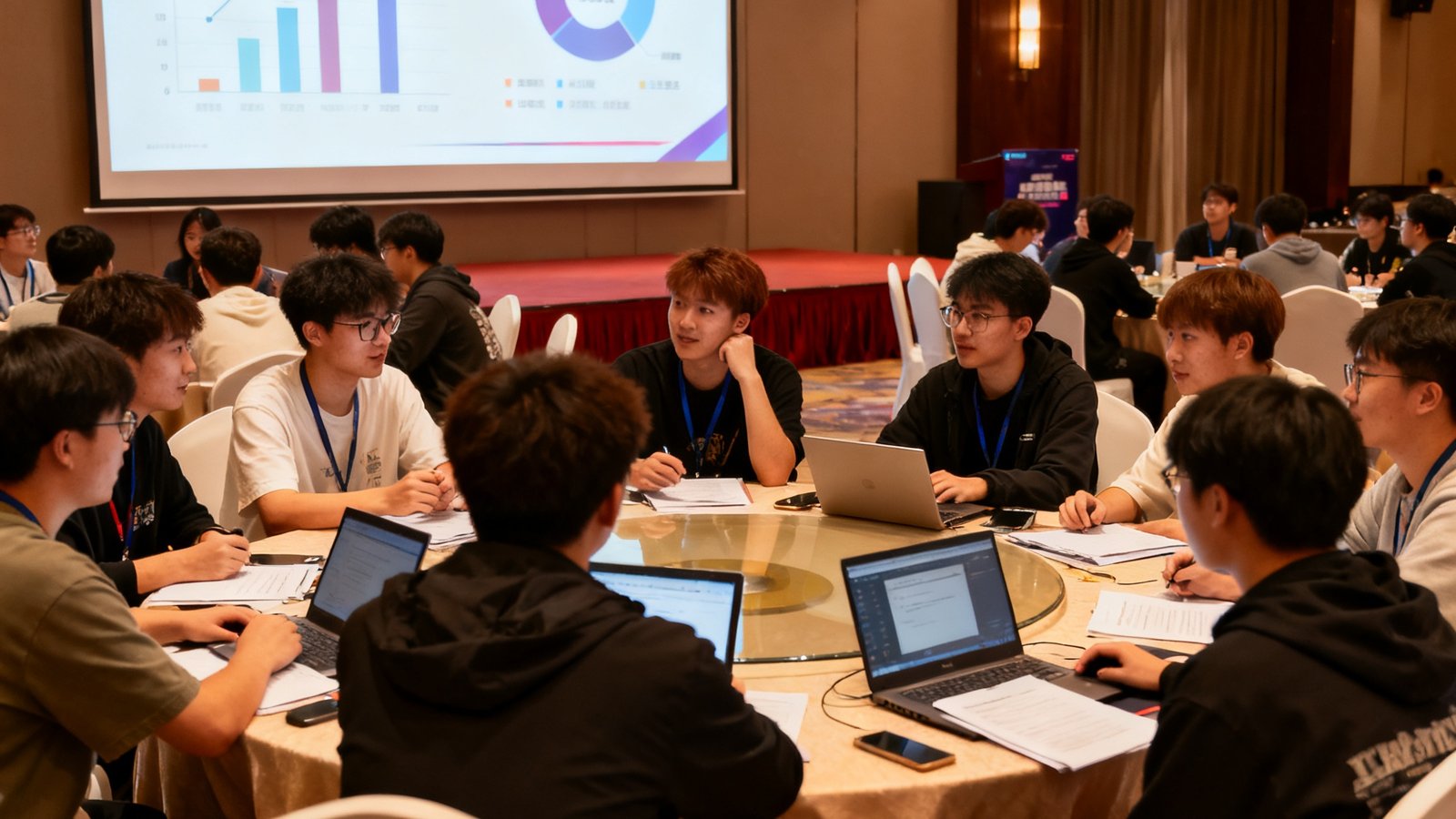 2024年全国高校电竞社长峰会现场，数十名来自全国各地的社团负责人围坐在圆桌旁热烈讨论，投影屏幕上展示着高校联赛数据分析报告