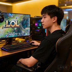 业余电竞选手张浩然身穿黑色T恤坐在网吧电竞区，显示器上显示着LOL对局画面，侧脸神情专注